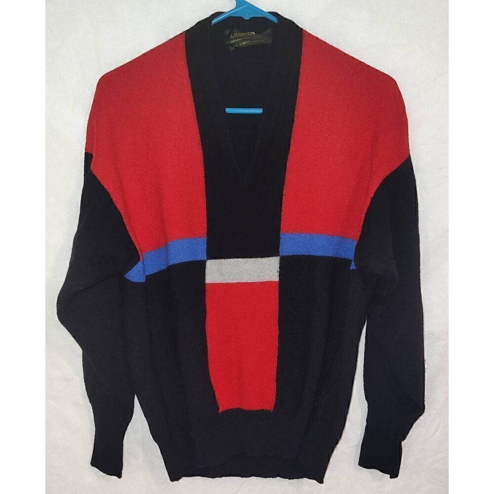 Vintage Wool Sweater J McInerney Ltd Scotland Gray Blue Red Black Color Block Sz